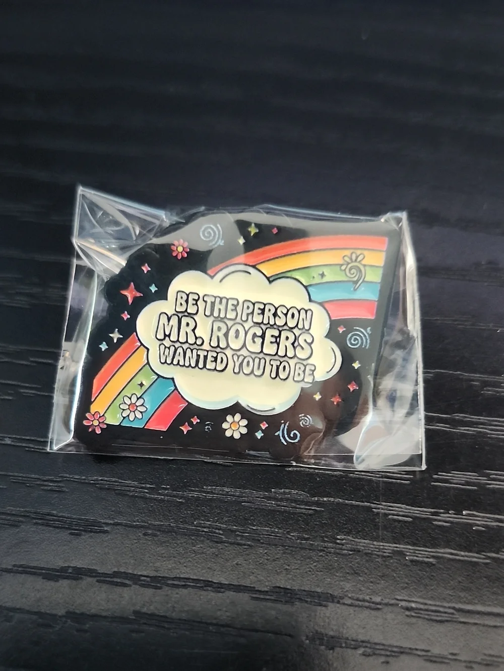 Mr. Rogers Rainbow Enamel Pin - Black Background, Multicolor Design